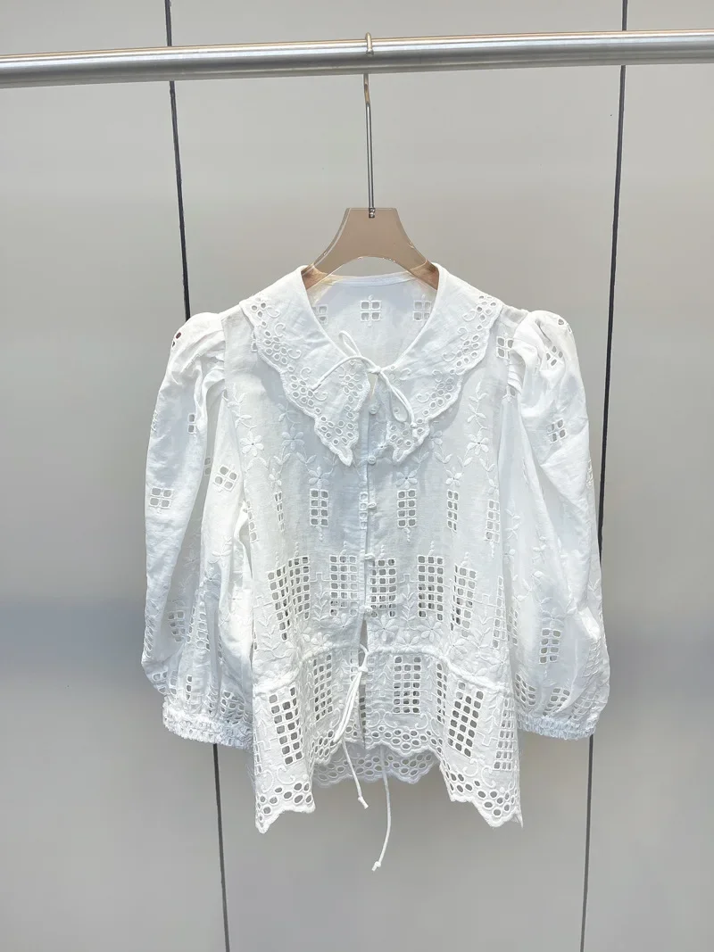 

Women's Hollow Out Blouse White Floral Embroidery Long Sleeve Peter pan Collar Lace-up Sweet Summer 2024 Shirt