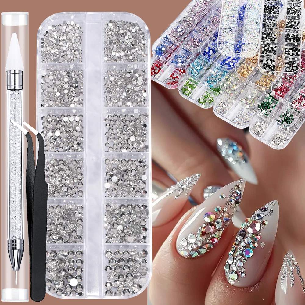12 Gitter, 3D-weiße Nail-Art-Strasssteine und 2 Werkzeuge, gemischte Größen, flache Rückseite, rundes Glas, Diamant-Nagel-Charms, DIY-Handwerk, Maniküre-Zubehör – Detail 5