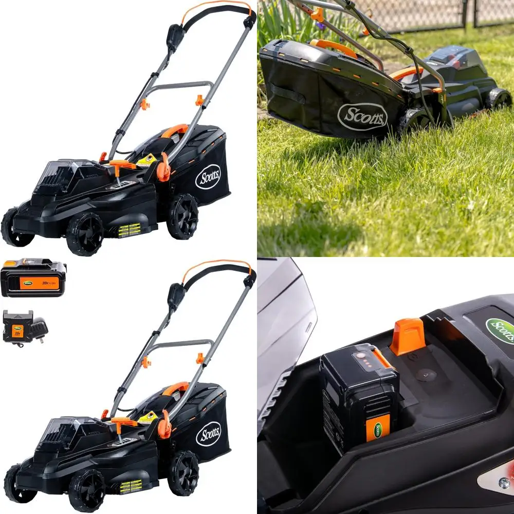 Cortador de grama elétrico sem fio Scotts de 20 volts e 16 polegadas com bateria de 5,0Ah e carregador rápido, preto/laranja