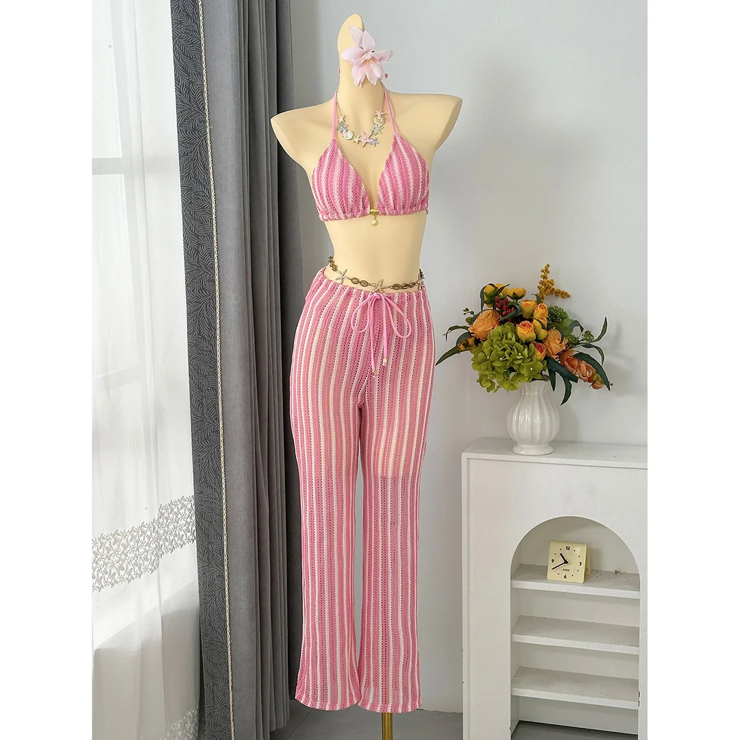5 Farben mit Hose, gestreifter Neckholder-Bikini, Damen-Badebekleidung, dreiteiliger Bikini-Set, Badeanzug, Badebekleidung, Schwimmbekleidung V7838P – Detail 7