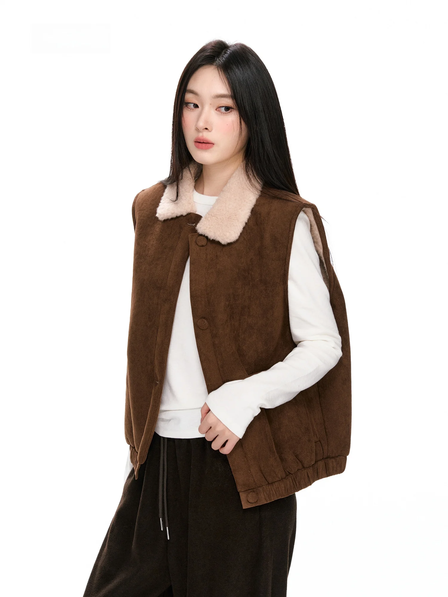 

Nikoq Vintage Suede Brown Lamb Fur Vest Women's Winter Warm Svel oulder Pad Coat Fem Youth Commute Sle Loose Fit