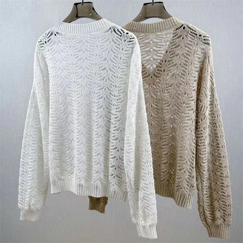 Suéter de mujer nuevo tejido elástico ahuecado top de manga larga para otoño 2025 mezcla de lino jersey con cuello en V y2k casual mujer top