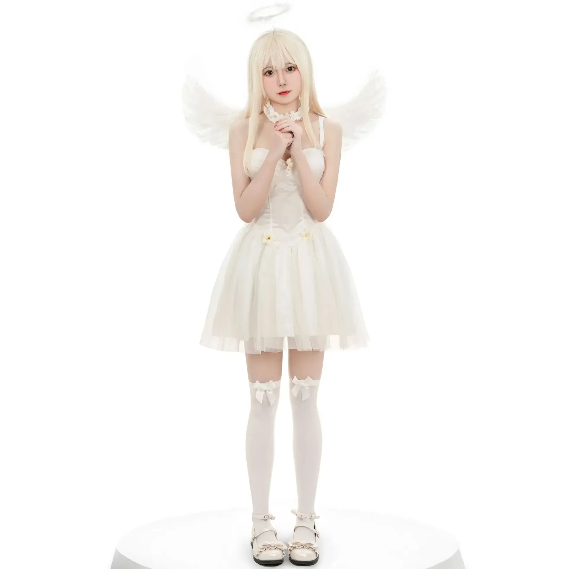 White Angel and Fallen Dark Angels Devil Cosplay Gauze Dress for Women Feather Wings Elf Birthday Or Halloween Party Costume