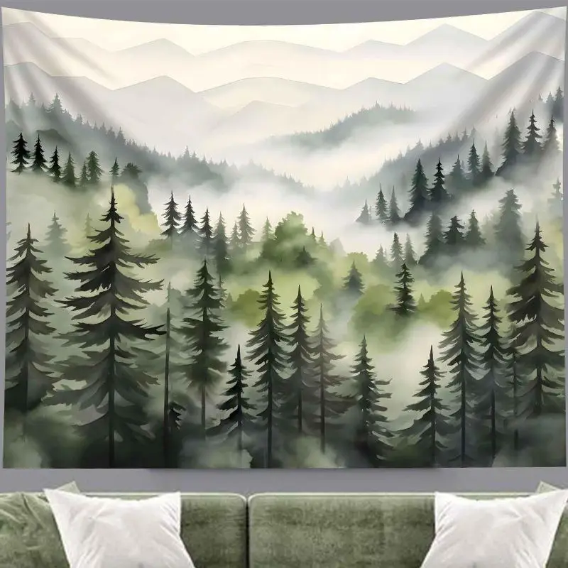 VIKAMA Misty Forest Pine Mountain Fog Wall Tapestry Gray Green Watercolor Tree Nature Landscape Scenery Bedroom Living Room Dorm
