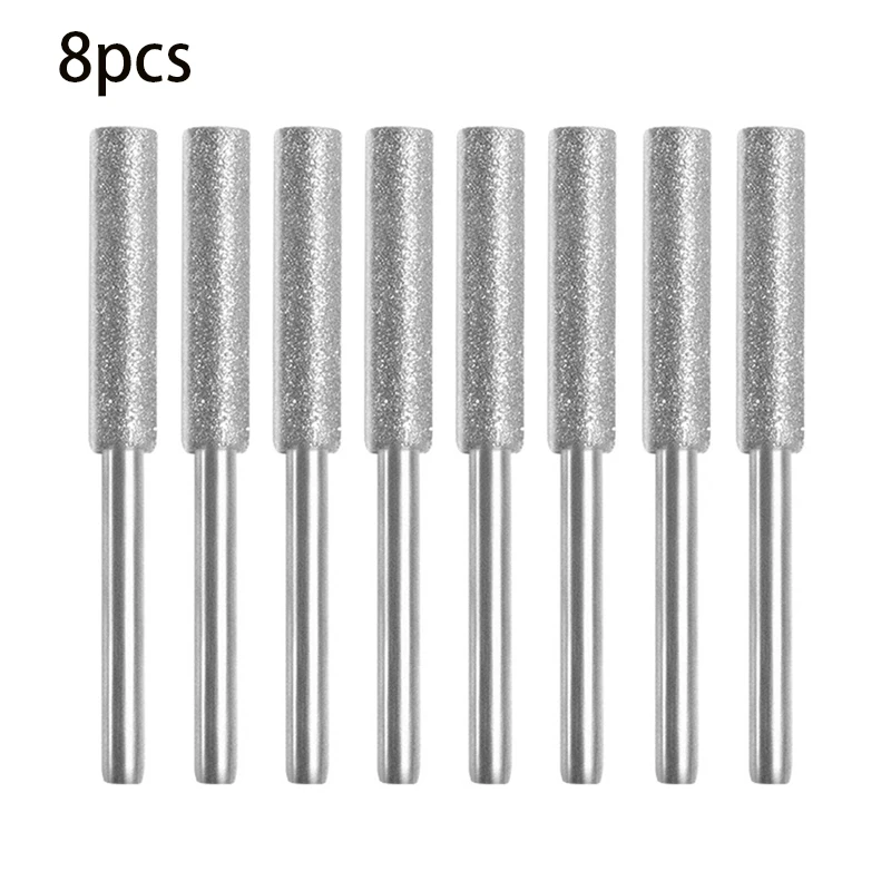 8Pcs Diamond Coated Cylindrical Burr 4mm Chainsaw Sharpener Stone File Chain Saw Sharpening Carving Grinding Tools Silver/gold