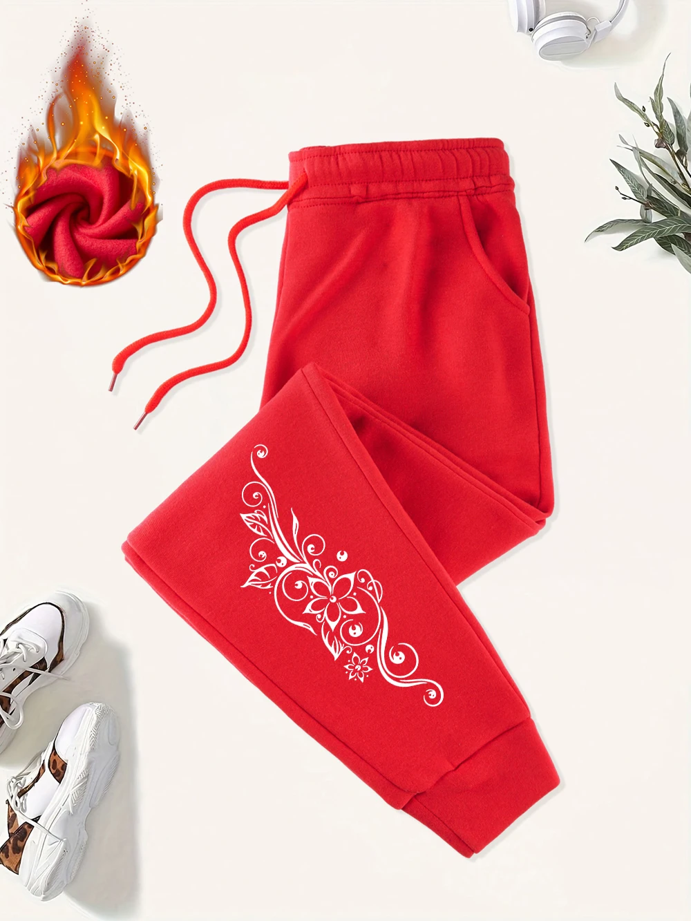 Pantalon de survêtement imprimé fleur et vigne pour femme, basique, polaire, ample, assorti avec tout, sport, automne hiver, Streetwear