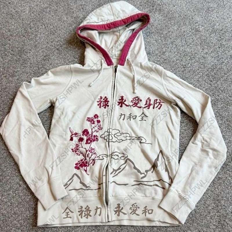Fashion Unique Hip Hop Y2K Zip up hoodie Flower Harajuku Letter Print Goth Jacket Oversized Punk Casual Zipper Hoodie sweatshirt
