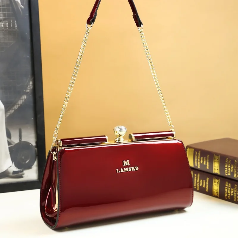 Simple shiny clip evening bag with clasp and chain, exquisite party clutch, shoulder or crossbody small bag