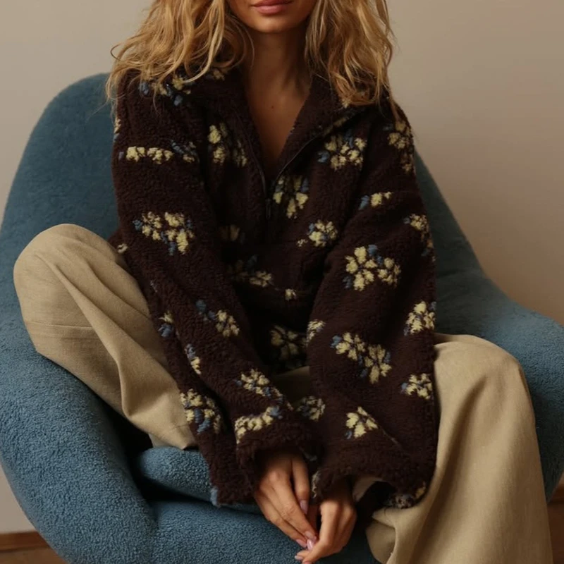 

Women's Top Autumn Winter 2025 New Fashion Imitation Lamb Wool Printed Loose Zipper Hoodie Long Sleeve Top for Women