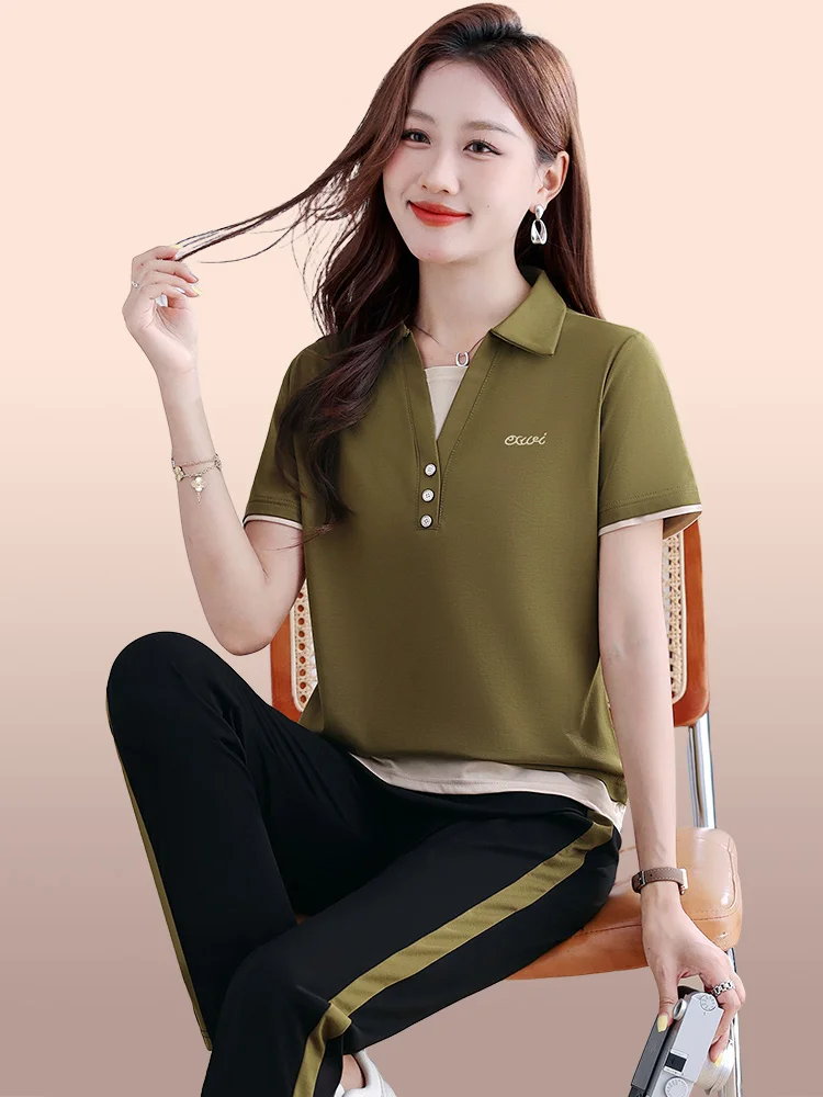 Conjunto deportivo seco Qui de seda de hielo para mujer, conjunto de dos piezas de ort Sve con cuello informal, mezcla de poliéster, nailon y LICRA, verano 2025