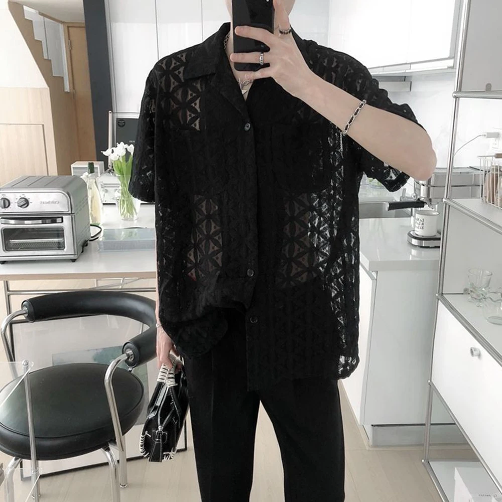 

Summer Men's Solid Color Hollow Short-Sleeved Shirt American Retro Fashion Trend Casual Simple Loose Breathable Niche Men's Tops