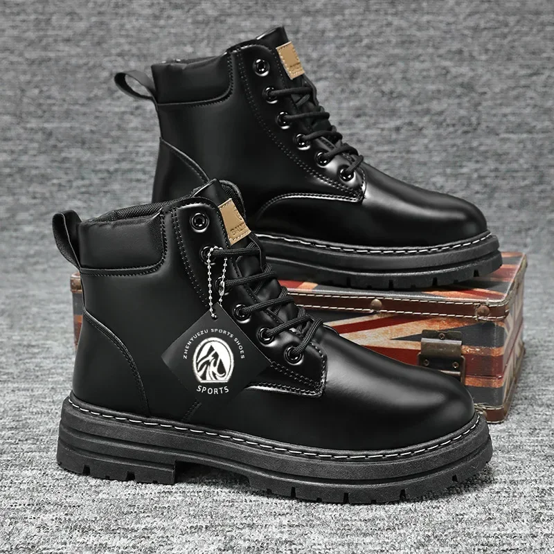 High Top Boots Men\'s Leather Shoes Fashion Outdoor Ankle Boots for Men Lace-Up Comfortable Male Boots Non Slip Flat Boot Botas