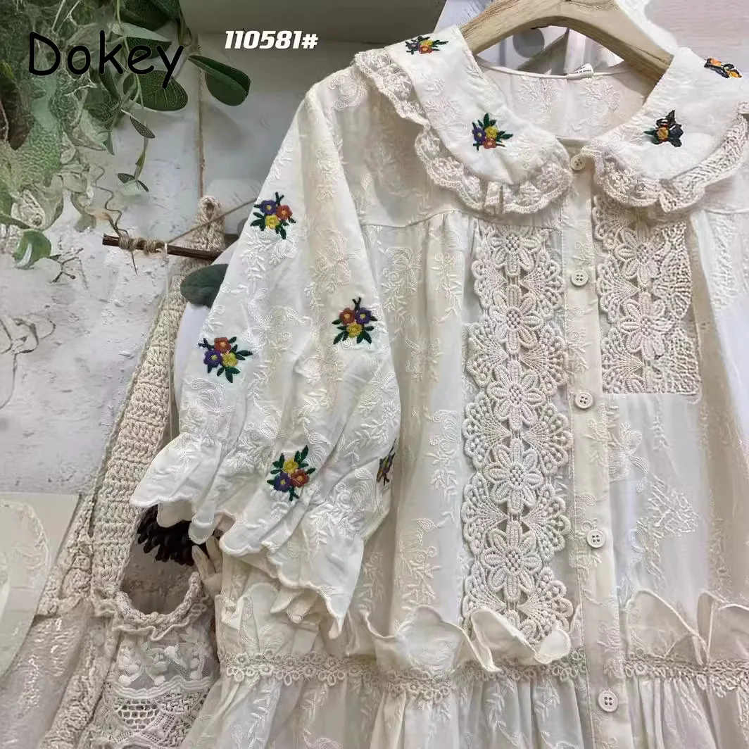 Japan Style Mori Girl Embroidery Flower Cotton Dress Women Vintage Patchwork Peter Pan Collar Lolita Puff Sleeve Dress Vestidos