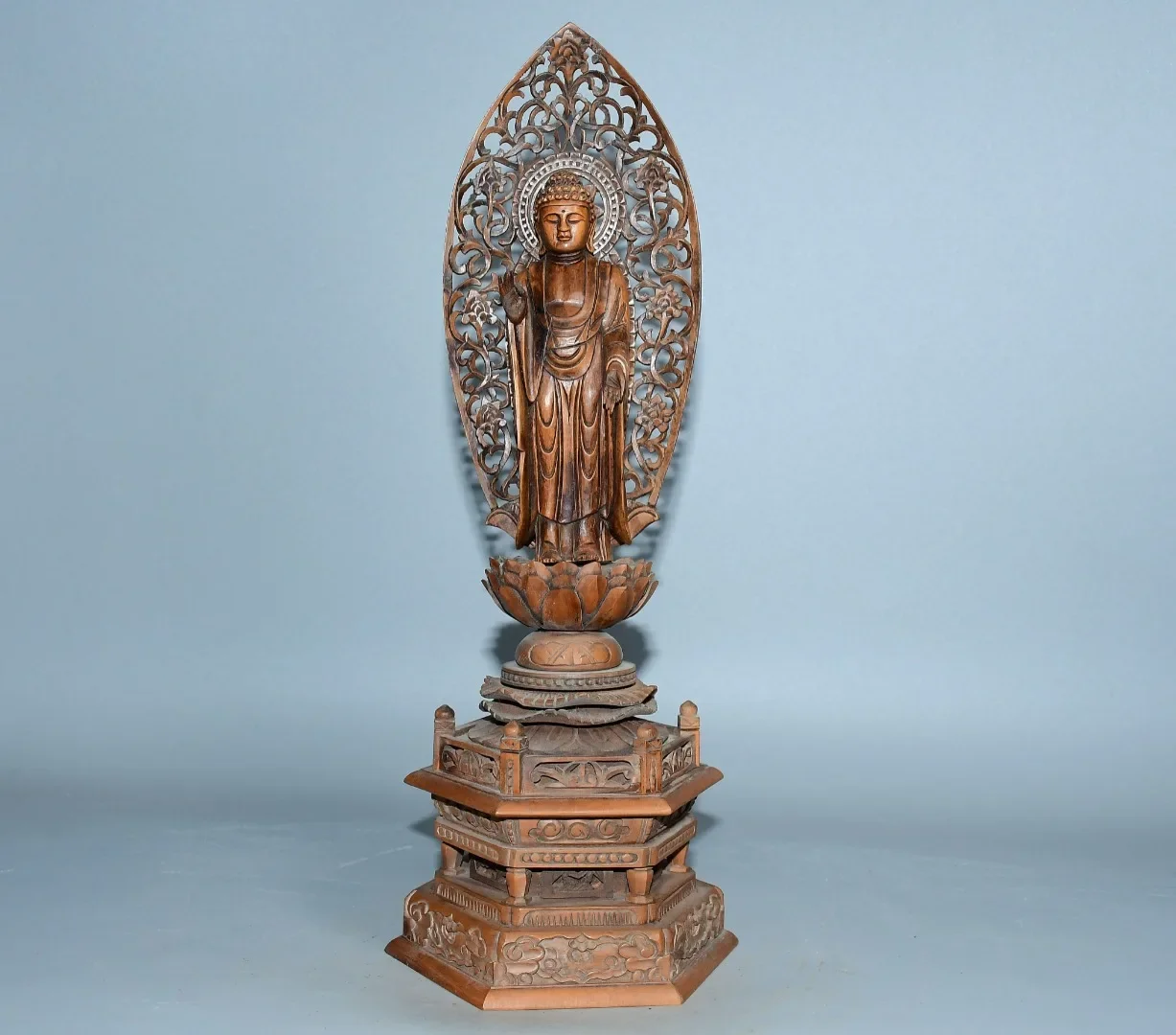 

13"Tibetan Temple Collection Old Boxwood Shakyamuni Station Buddha Amitabha Buddha Backlit Lotus Buddha Terrace Worship Hall