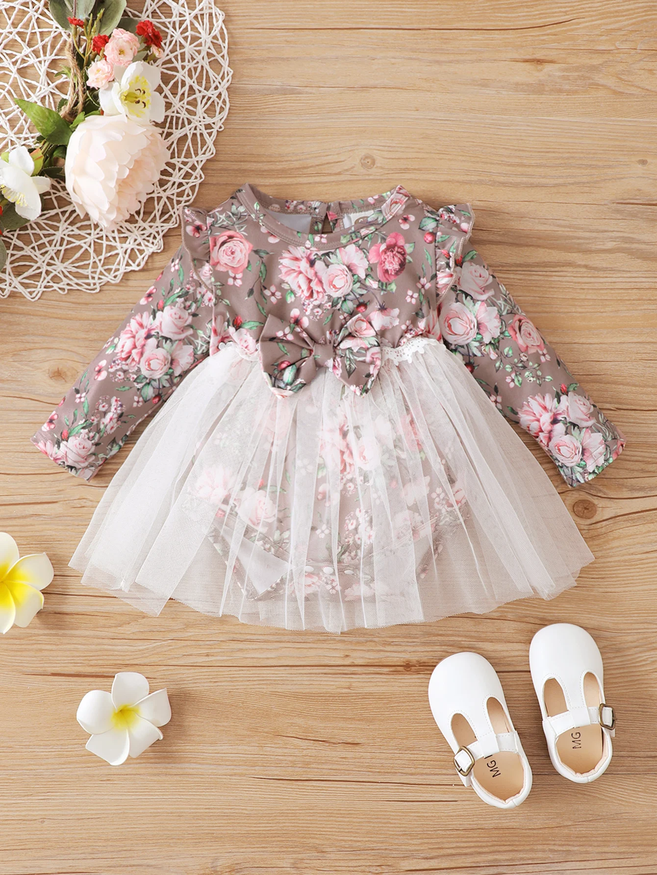 Autumn girl baby cute bow floral long sleeve stitching dress