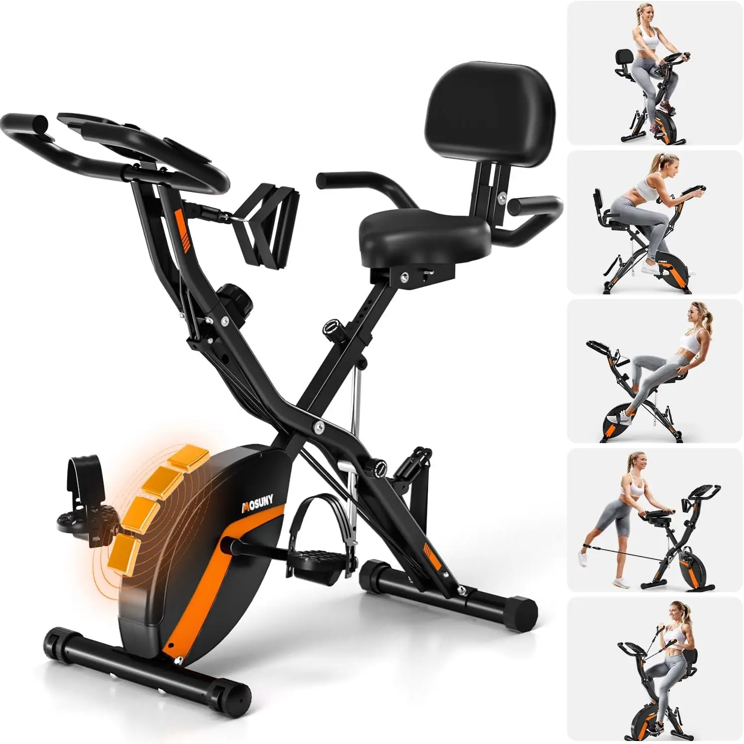 MOSUNY 5-in-1 Stationary Bike With 10DB Super-Silent, Folding Exercise Bike with 16-Level Adjustable Magnetic Resistance, 350 LB