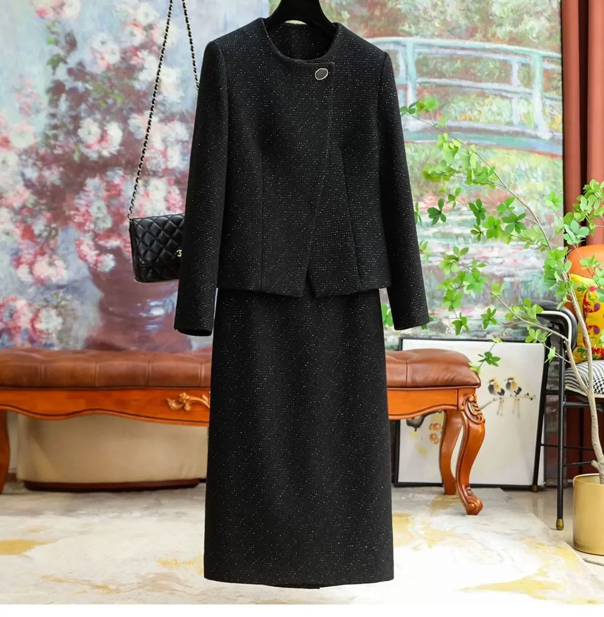 Women Elegant Tweed Black Suit Jacke Coat Top And Skirt Two Piece Set Matching Outfit Winter Fall Workwear Chic Sequin Clothes