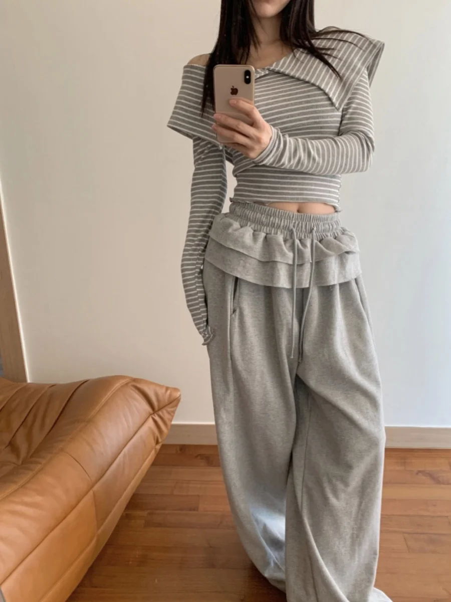 Casual Pleated Women's Pants with Ruffle Waist Dstring Loose Slimming Straight Leg Anti-Aging Floor-Length Sweatpants