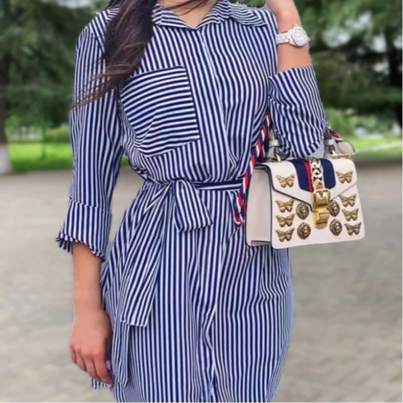 

2025Early Autumn New2025Women's Clothing Striped Blue Loose Tie Mid-Length Shirt Fashionable and Elegant