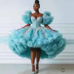 Puffy Ruffled Tulle Prom Gowns with Corset Custom Made Women Dress Beaded Gorgeous Party Bride Dresses with Sleeves Full Lush