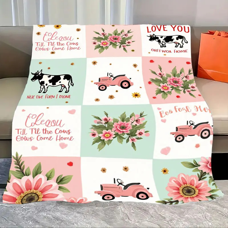 

1pc Flannel Blanket Rustic Farmhouse Blanket with Cow, Tractor & Floral Patterns - Cozy Home Decor