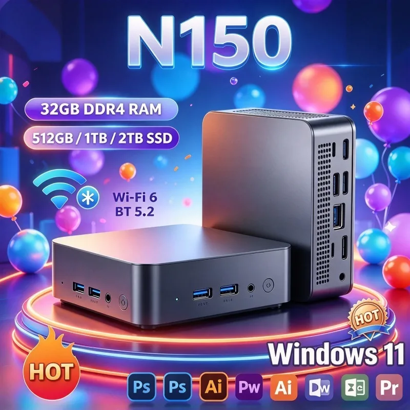 Mini Desktop PC Intel Core N150 Performance Multiple Connection Ports for Business Home Office Gaming Daily Study