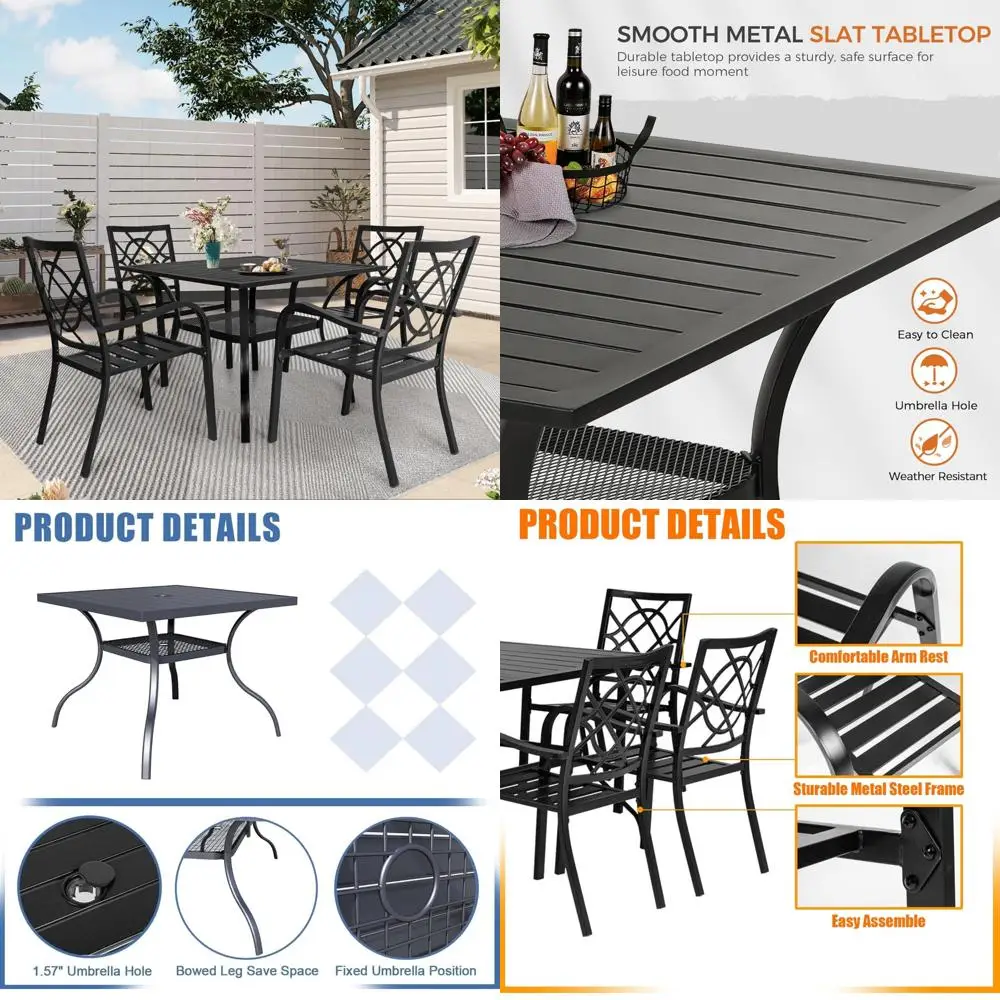 5 piece outdoor dining set, patio metal dining sets, 4 stackable metal chairs and square outdoor dining table with 1.57