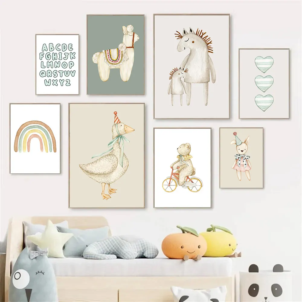 Cartoon Cute Bear Rabbit Goose Alpaca Poster Print Canvas Painting Heart Rainbow Nursery Wall Art Picture Kids Room Decoratio