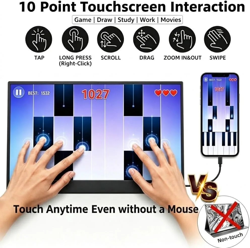 15.6 Inch Touch Portable Monitor 1920*1080P FHD IPS 72% sRGB VESA Display for Laptop Phone TV PC XBox PS4/5 Switch Game Console