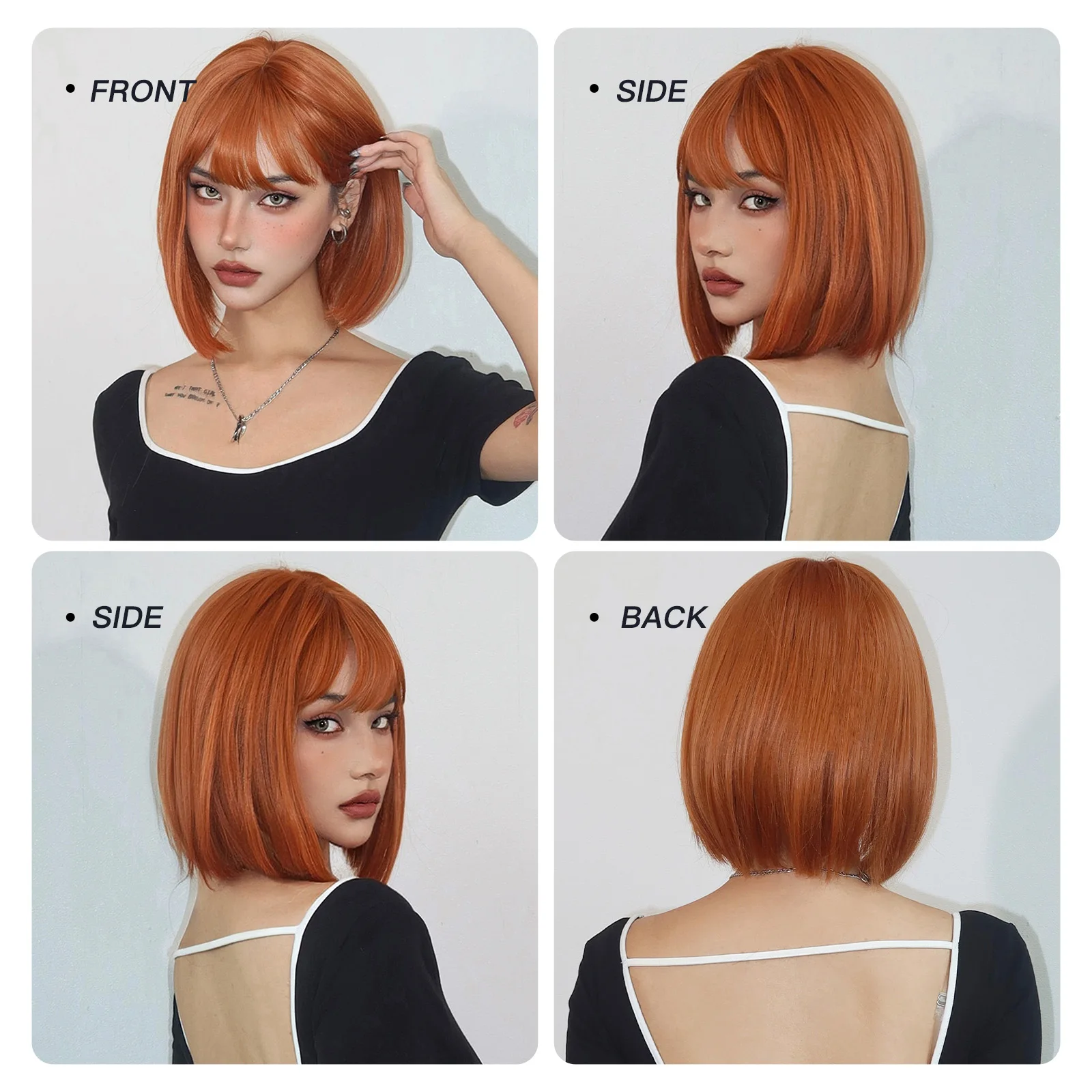 Elegancka Krótka Peruka Bob z Grzywką - Syntetyczna, Kolorowa - usage example