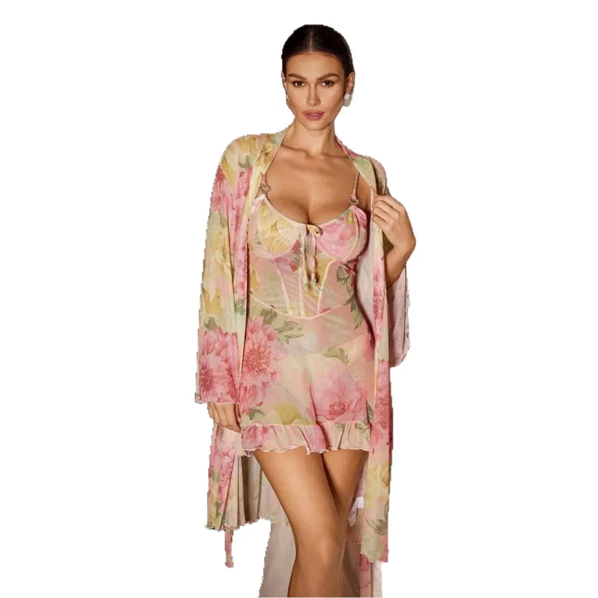 

Sexy Outfit Flirtatious And Sensual Nightgown Printed Dress lightweight and breathable New Long-sleeved Set Z877