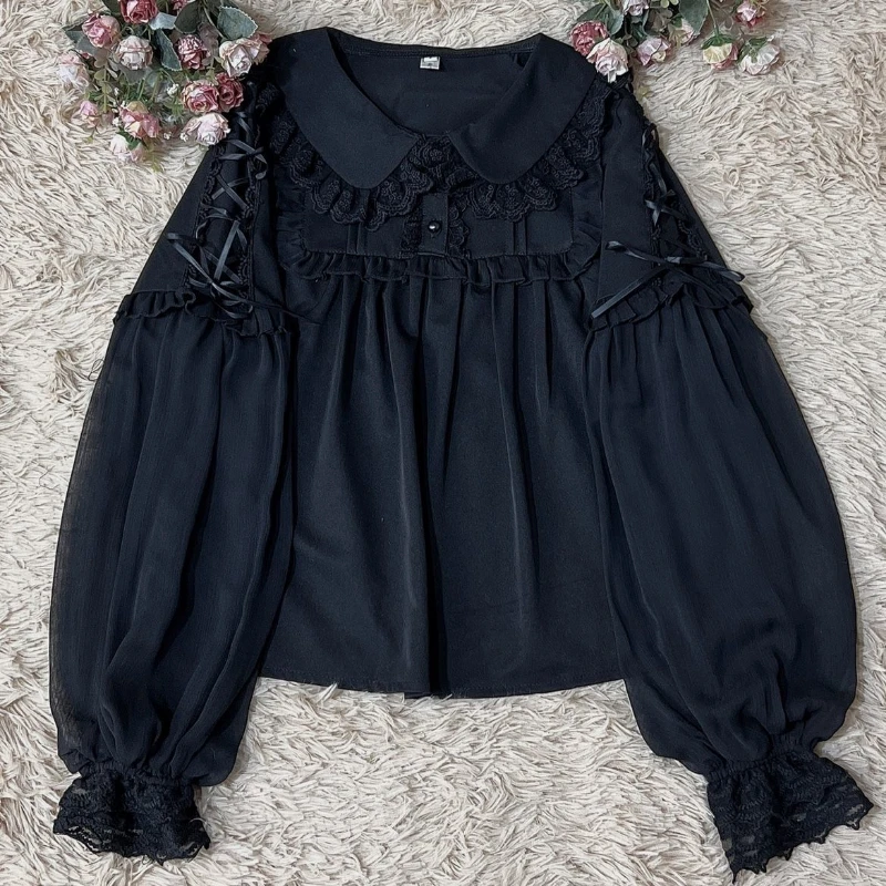 Japan Style Sweets Lolita Blouse Women Kawaii Lace Peter Pan Collar JK Shirts Girls Chic Long Lantern Sleeve Black White Blouses