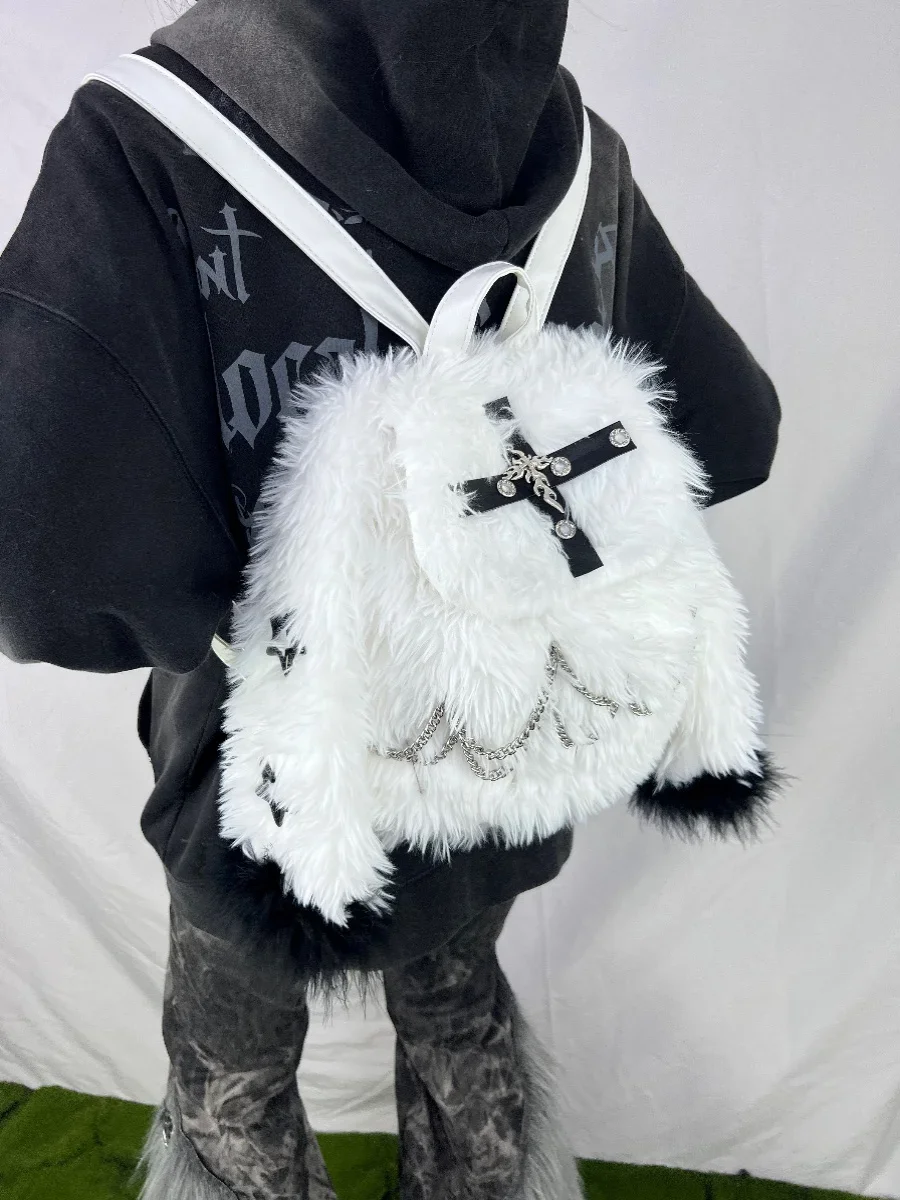 Fashion Subculture Punk Plush White Backpack Cute Rabbit Ear Chain Cross Schoolbag Commute Shoulder Women's Bag