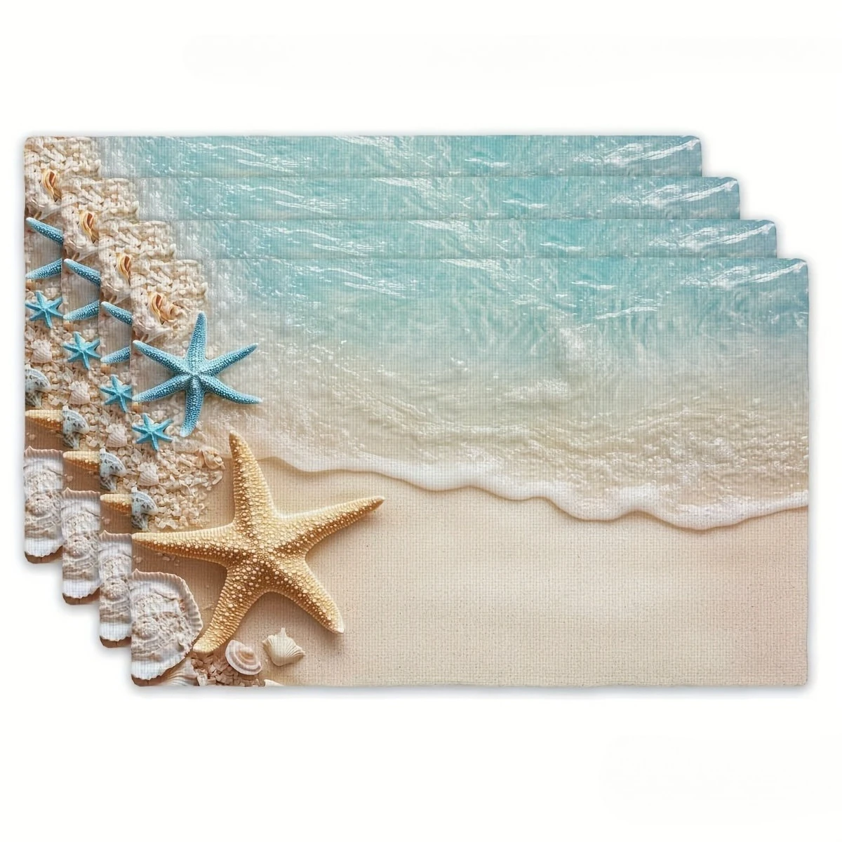 Coastal Beach Wave Starfish Seashell Print Rectangular Placemats Set Nautical Summer Ocean  Dining Table Decor Mats 4PC 6PC 8PC