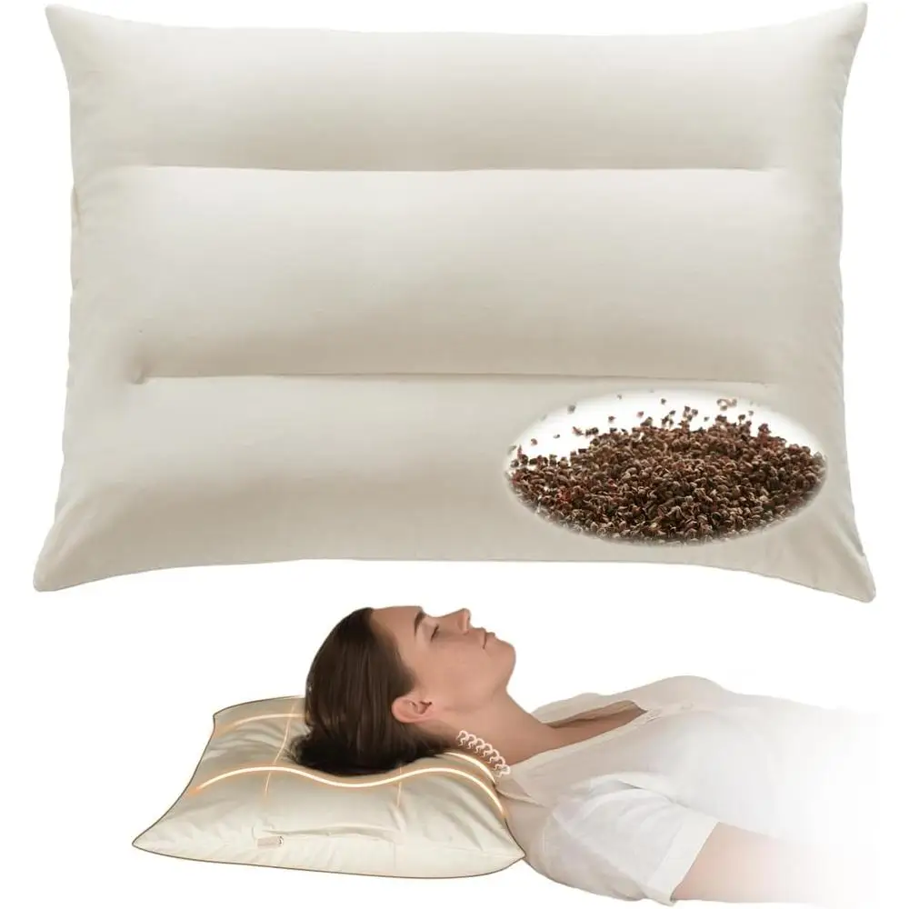 Adjustable Buckwheat Hull Pillow Supportive Neck Relief Baffle Box Design Cool Sleep Organic Bed Pillow Side Back Stomach