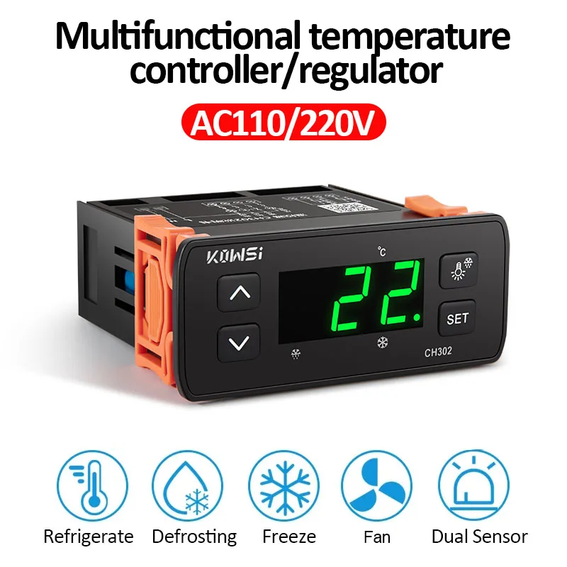 KWS-CH302 Digital Thermoregulator Temperature Controller Refrigerator Defrosting Alarm Heating Control with Dual Temp Sensor