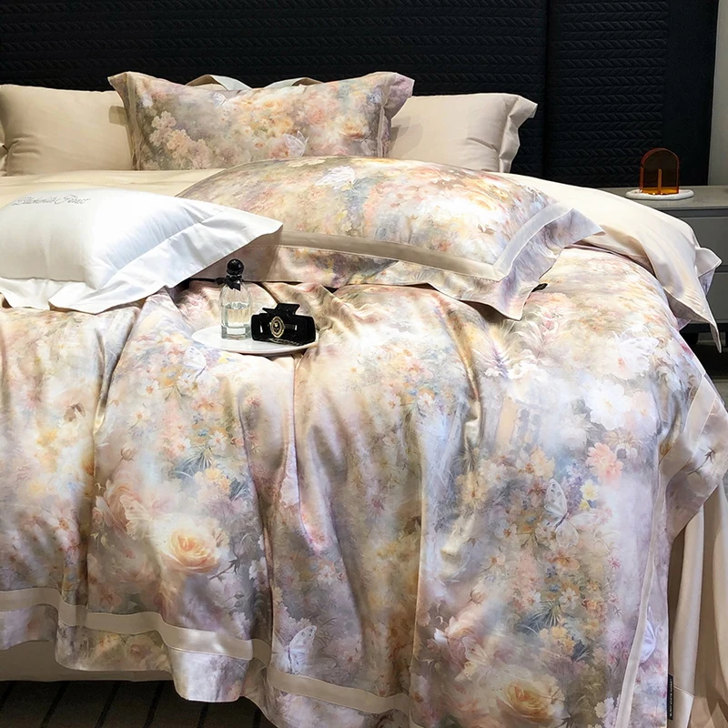 

Flowers Digital Printing Wide Edge 1000TC Lyocell Cotton Soft Silky Bedding Set Duvet Cover Flat/Fitted Sheet Pillowcases 4Pcs