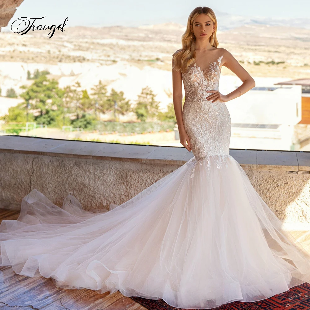 Traugel Sexy Illusion Scoop Neck Lace Mermaid Wedding Dresses Exquisite Applique Beaded Button Court Train Trumpet Bridal Gown