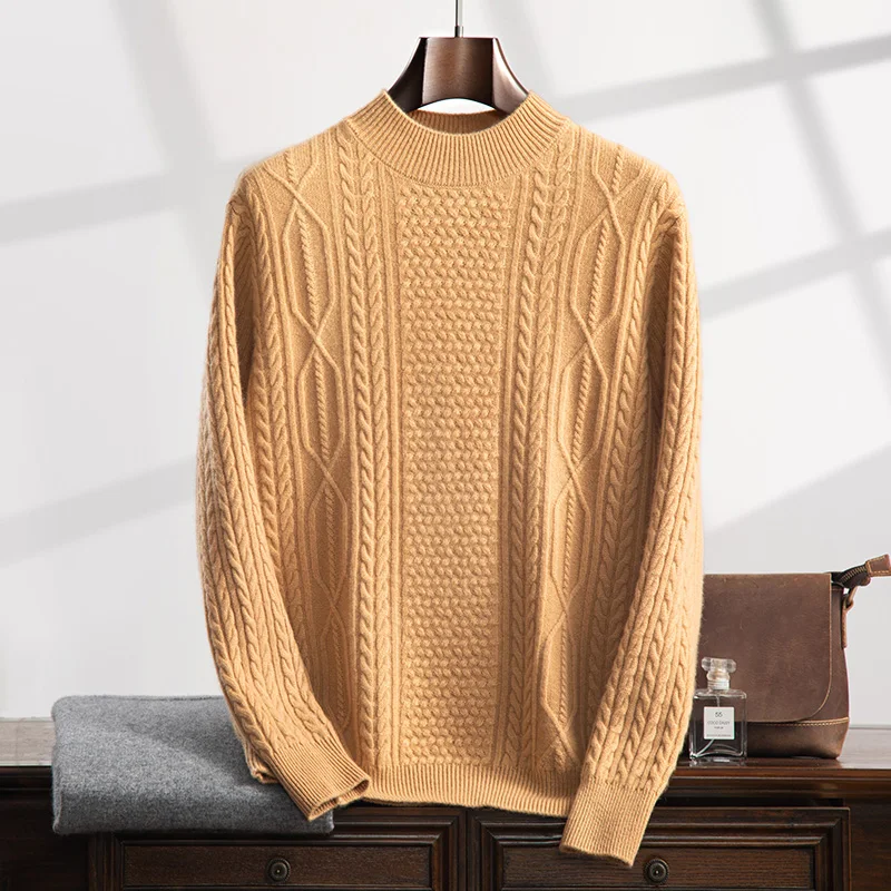 Wheat autumn and winter new 100% cashmere men's half turtleneck loose pullover warm knit solid color long sleeve top