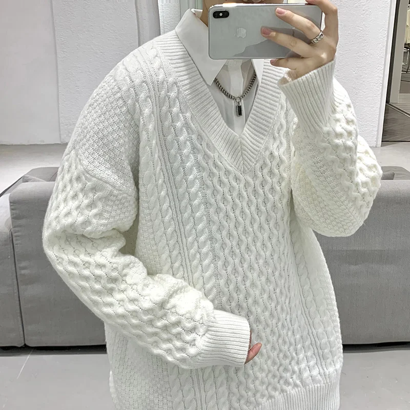 

High Quality Autumn Winter Twist Knitted Sweater Men Clothing Simple V-neck Casual Daily Pullovers Loose Homme Streetwear
