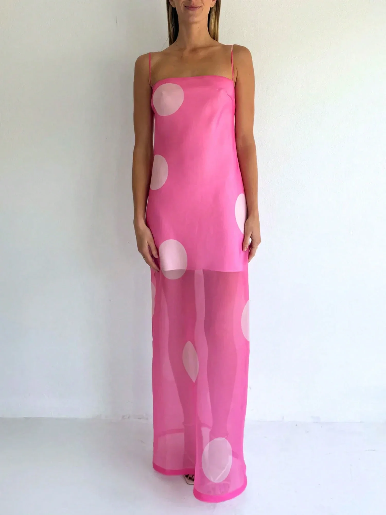 

Женское макси-платье из прозрачной сетки в горошек на тонких бретелях, летнее повседневное платье для вечеринок