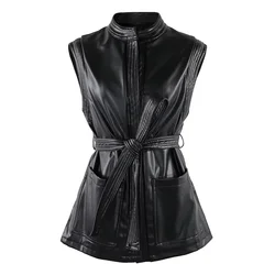 Mauroicardi Spring Short Black Soft Pu Leather Vest Women with Side Slit Sashes Stand Collar Luxury Chic Sleeveless Jacket 2025