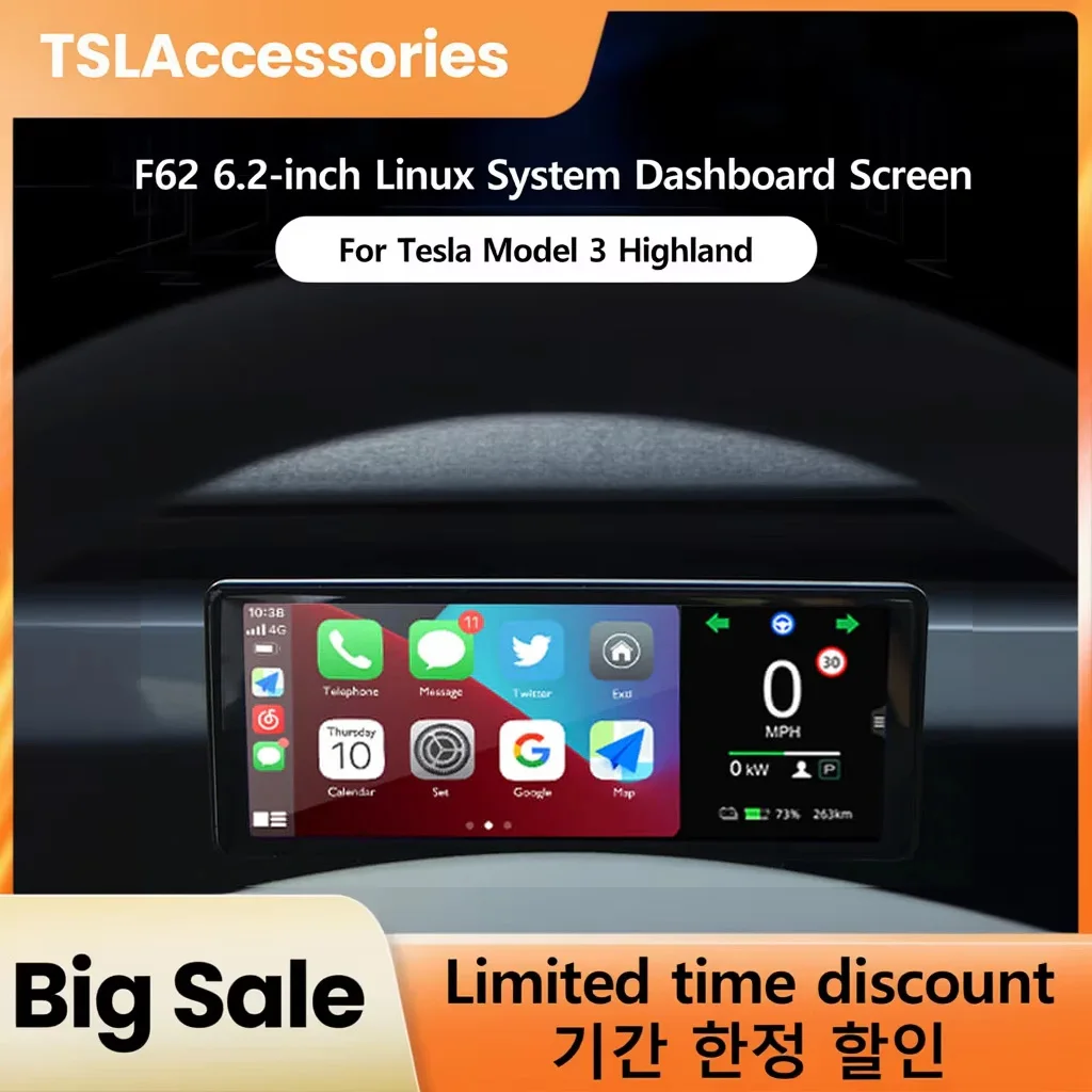 

TSLAccessories F62 Plus 6.2‘’ Dashboard Screen for Model 3 Highland Linux Instrument Cluster Blind Spot Warning Car Accessorie
