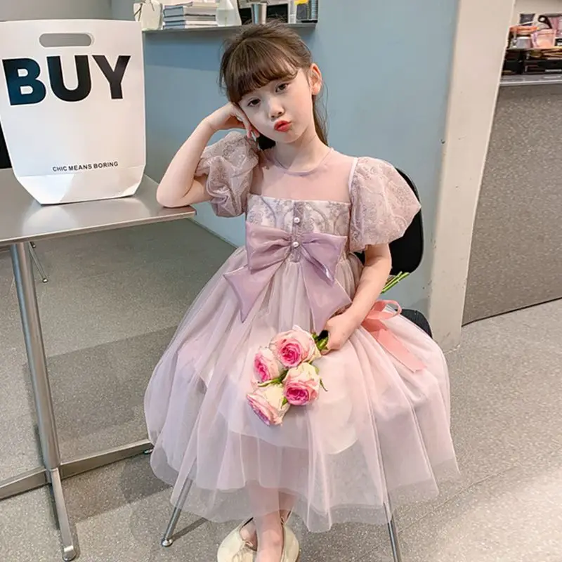 

Детская одежда в корейском стиле, лето 2021, модное праздничное платье Kawaii с бантом для девочек, милое платье принцессы с короткими рукавами