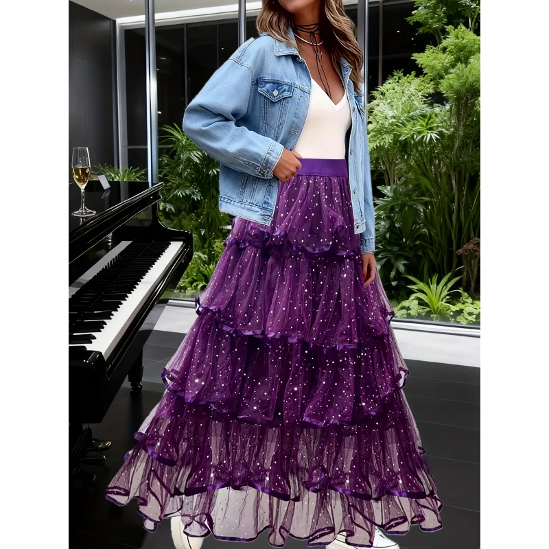 A Lady'S Purple Multi-Layer Sequined Tulle Cake Skirt, Featuring Delicate Ruffled Purple Ribbon Edges, Creates an Elegant And Lu