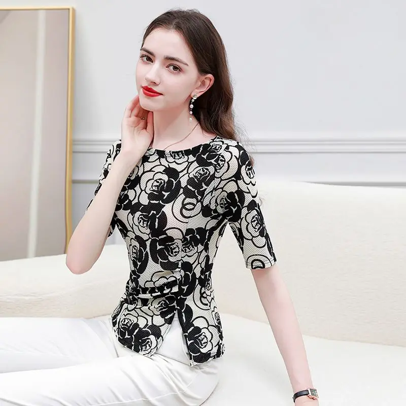 

Women T Shirts Elastic Mesh Dancing High Quality Tops Fashion Floral Tee Tight Fit Short Sleeved O-neck Summer T-shirts L257