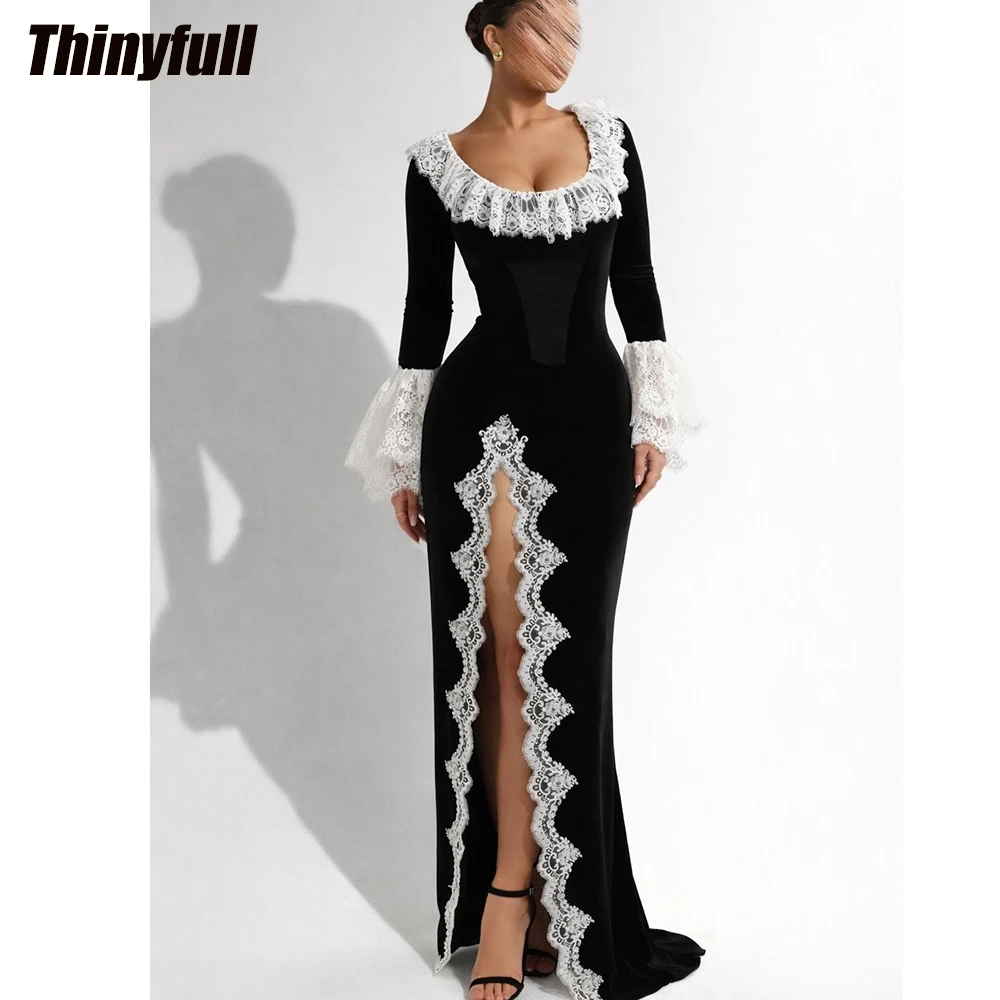 

Thinyfull Mermaid Velvet/Lace Prom Dress Full Sleeves Evening Party Dresses Long Formal Event Gown Robe De Soirée Customized