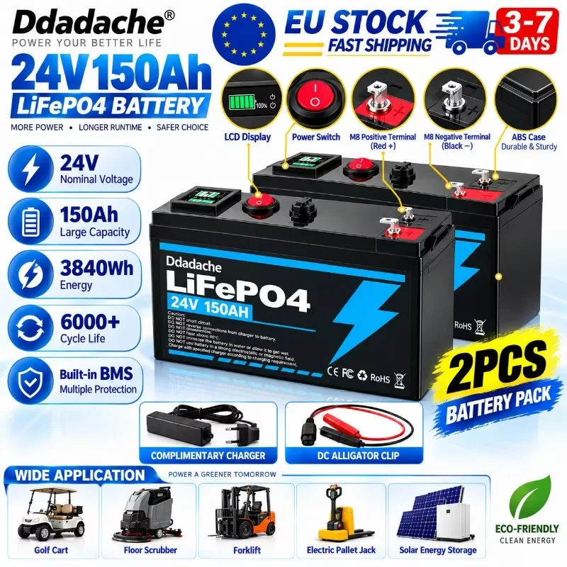Batteria al litio ricaricabile LiFePO4 24V 150Ah con BMS integrato, protezione multipla, oltre 8000 cicli, spedizione rapida in UE, ideale per accumulo solare, camper, barche, imbarcazioni, viaggi
