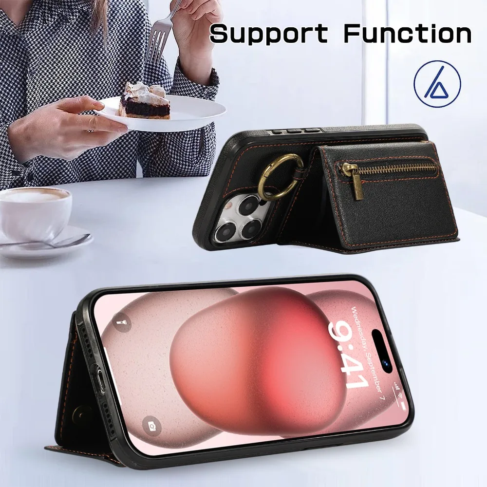 Crossbody Zipper Wallet Ring Phone Case for IPhone 16 15 Pro Max 14 Plus 11 13 12 Mini XS XR 7 8 Leather with Card Holder Cover
