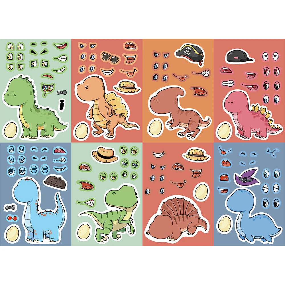 

8/16Sheets Cute Dinosaur Puzzle Stickers Make-a-Face Games Toy Create Your Own DIY Funny Cartonn Assemble Jigsaw Children Gift